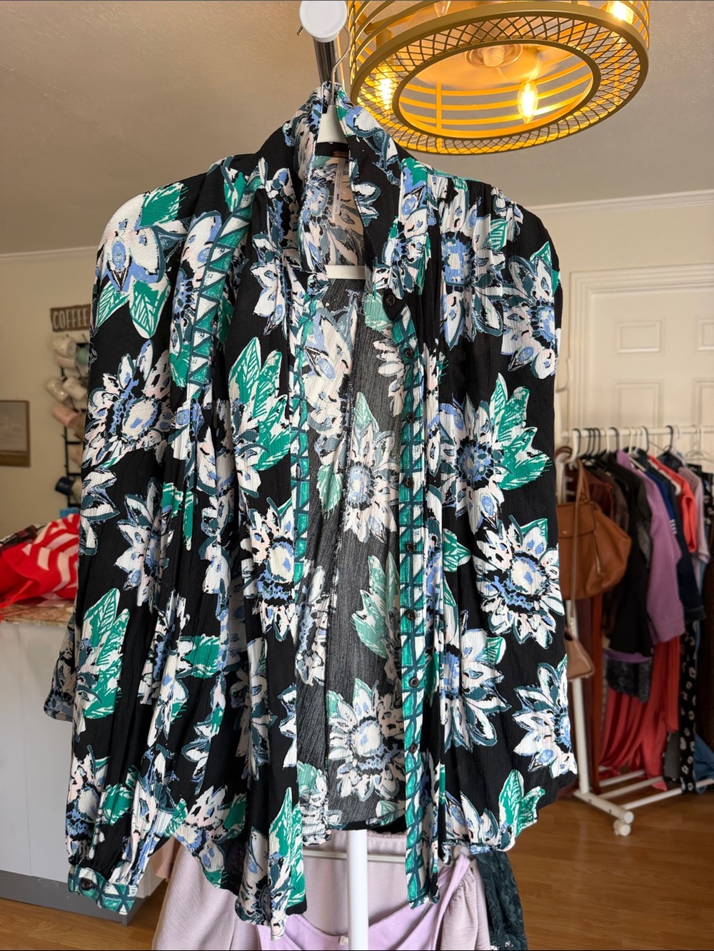 Free People Black Floral Tie-Neck Blouse with Green and White Accents